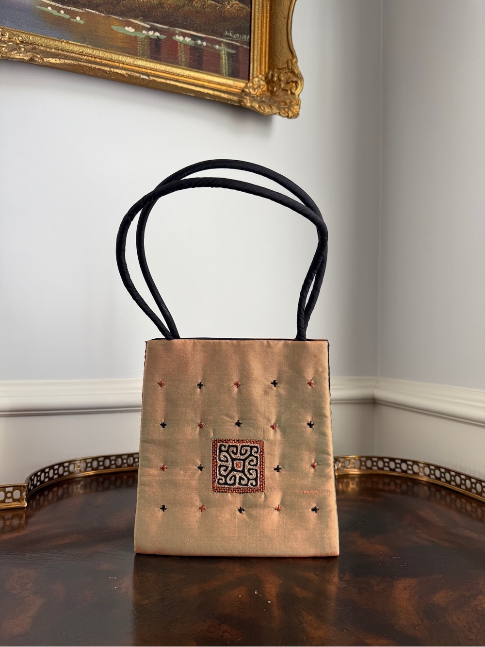 Shiraleah Tan Embroidered Shoulder Bag with Black Handles